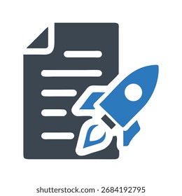 Un icono estilizado que representa un documento o papel con un cohete que se lanza desde él, que simboliza un rápido progreso o un nuevo proyecto.