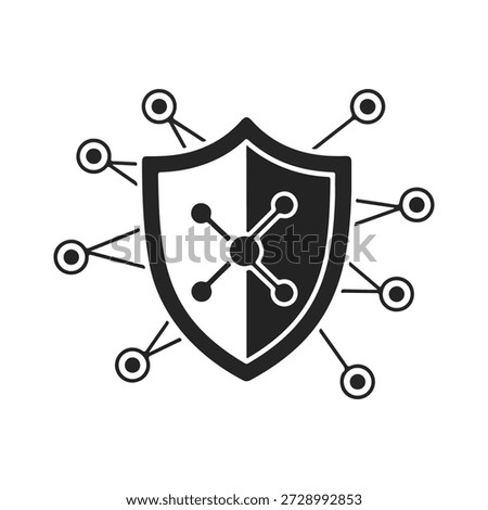 A stylized icon depicting a shield divided into two halves, black and white. A molecular or network structure is superimposed on the shield, radiating outwards. Multiple small circles connected by lines extend from the shield, suggesting connectivity and protection within a network. This graphic represents concepts like data security, network defense, digital protection, and threat prevention.