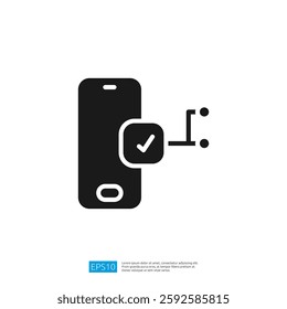 A stylized icon depicting a smartphone with a checkmark and a connection symbol, representing mobile verification or connectivity.