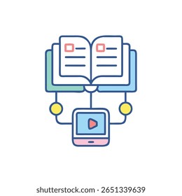 Stylized icon depicts an open book connected to a tablet, representing online education, in a flat vector style. Cool, pastel palette.