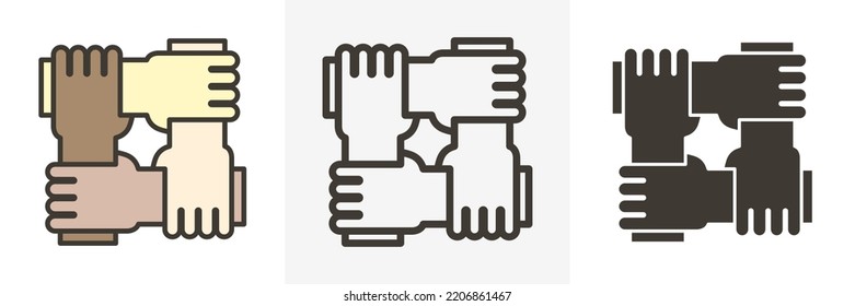 Stylized icon design with 4 hands holding together. Illustration for different concepts like teamwork, community, unity and equality. 3 Different styles - Filled outline, empty outline, flat glyph