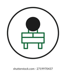 Icono estilizado que muestra una figura u objeto colocado detrás de una mesa, encapsulado dentro de un diseño circular limpio. El enfoque minimalista combina Formas geométricas simples, creando un símbolo moderno