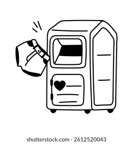 A stylized, icon of a donation machine with a pair of pants being inserted