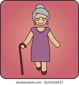 Stylized icon of an elderly woman with glasses and a walking stick. Friendly vector illustration in soft colors, ideal for topics like age, support, accessibility or family life.