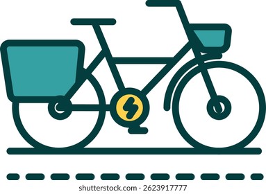 Stylized icon of electric cargo bike with battery symbol, used for eco-friendly delivery and green urban logistics.
