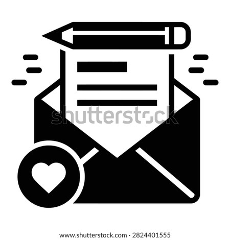 A stylized icon of an envelope with a letter, heart and pencil symbol, representing love mail, correspondence and affectionate communication.