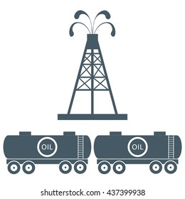 Stylized icon of the equipment for oil production and tanks with oil on a white background