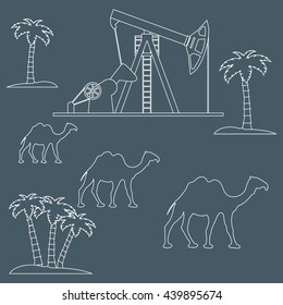 Stylized icon of the equipment for oil production on a color background with palm trees and camels