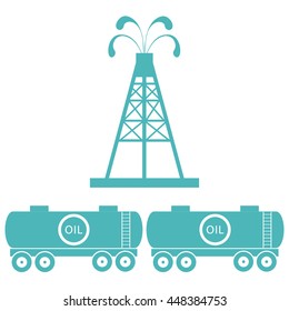 Stylized icon of the equipment for oil production and tanks with oil on a white background