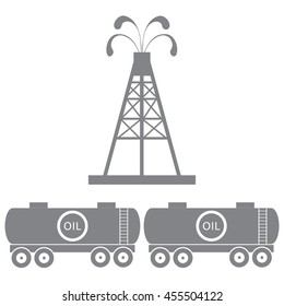 Stylized icon of the equipment for oil production and tanks with oil on a white background