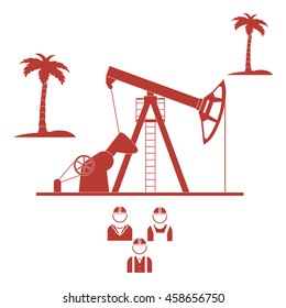 Stylized icon of the equipment for oil production on a light background with palm trees and three silhouette of oil worker 