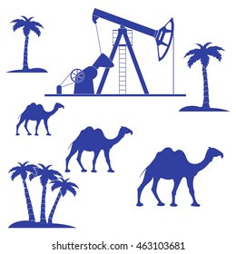 Stylized icon of the equipment for oil production on a color background with palm trees and camels