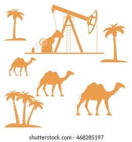 Stylized icon of the equipment for oil production on a color background with palm trees and camels