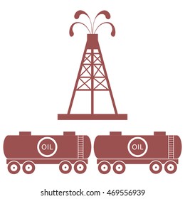 Stylized icon of the equipment for oil production and tanks with oil on a white background