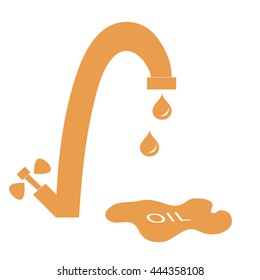 Stylized icon of the faucet with drops of fuel and the inscription oil in a puddle on a white background