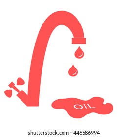 Stylized icon of the faucet with drops of fuel and the inscription oil in a puddle on a white background