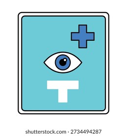 Un icono estilizado con un símbolo de ojo azul con un signo más y una forma de T sobre un fondo azul claro, que representa la visión o la atención médica.