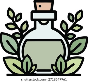 A stylized icon featuring a clear glass bottle with a cork stopper, filled with a light green liquid. Green leaves and branches surround the bottle.