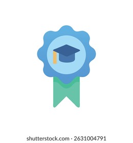 A stylized icon featuring a graduation cap inside a blue badge with a green ribbon. Flat graphic style.