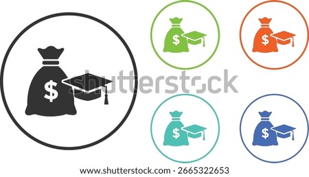 A stylized icon featuring a graduation cap placed atop a money bag, symbolizing financial success and achievement in education. This graphic is ideal for academic or financial planning themes.