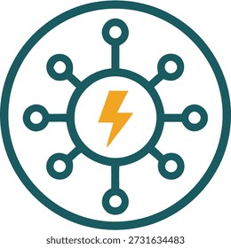 A stylized icon featuring a lightning bolt symbol within a circular design, surrounded by connected nodes.