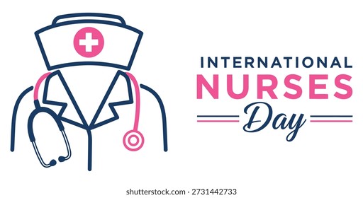 Stylized icon featuring a nurse's cap and stethoscope alongside bold text announcing international nurses day commemorates dedicated global medical workers.