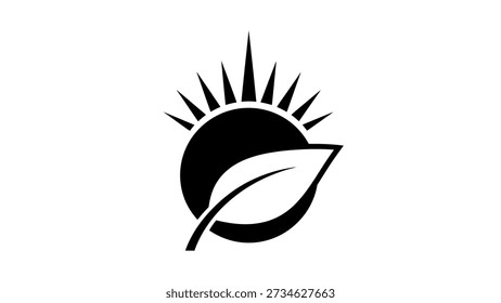 A stylized icon featuring a radiant sun partially obscured by a green leaf, symbolizing environmental consciousness, clean energy, and nature.
