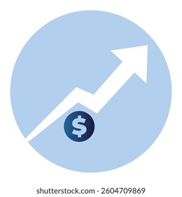 A stylized icon featuring an upward trending arrow with a dollar sign at its base, symbolizing financial growth or increased value.