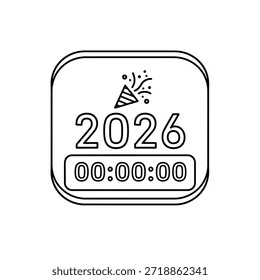 Un icono estilizado con el año 2026 y un temporizador digital que muestra las 00:00:00, con un sombrero de fiesta y confeti encima.