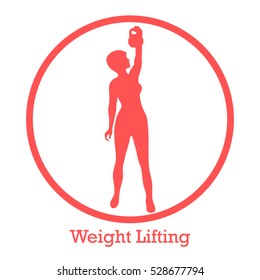 Stylized icon of fitness sport athletic woman holds kettlebell. Training female body. Design for banner, poster or print.