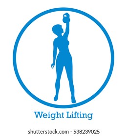 Stylized icon of fitness sport athletic woman holds kettlebell. Training female body. Design for banner, poster or print.