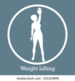 Stylized icon of fitness sport athletic woman holds kettlebell. Training female body. Design for banner, poster or print.