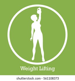 Stylized icon of fitness sport athletic woman holds kettlebell. Training female body. Design for banner, poster or print.