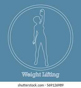 Stylized icon of fitness sport athletic woman holds kettlebell. Training female body. Design for banner, poster or print.