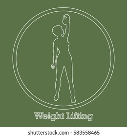 Stylized icon of fitness sport athletic woman holds kettlebell. Training female body. Design for banner, poster or print.