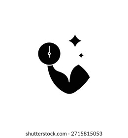 Stylized icon of a flexed arm holding a clock with sparkles.