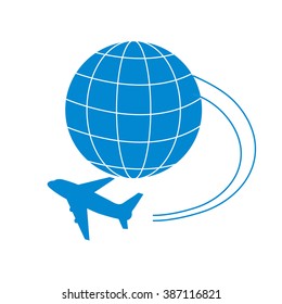 Stylized icon of flights to any point of the earth on a white background