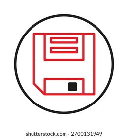 Um ícone estilizado de um disquete, representado em um contorno vermelho vibrante sobre um pano de fundo branco limpo e delimitado por um círculo, simboliza uma tecnologia de armazenamento desatualizada. A imagem evoca uma sensação de