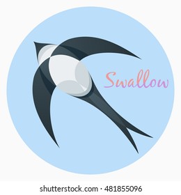Stylized icon of a flying swallow. The flat image of a bird. The graceful wings and tail. Symbol rate, lightness and desire to succeed. Empty space for text.