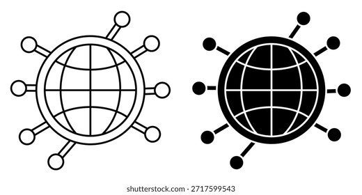 Un icono estilizado de un globo terráqueo con nodos radiantes, que simboliza una red conectada y un alcance global. Disponible en versiones de contorno y negro sólido.