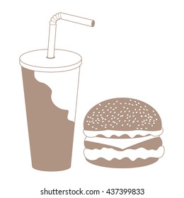 Stylized icon of a hamburger and a cup and straw  on a white background