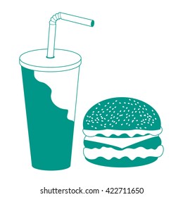 Stylized icon of a hamburger and a glass and straw with a cocktail on a white background