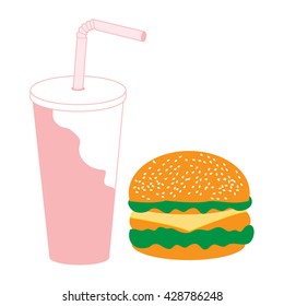 Stylized icon of a hamburger and a glass and straw with a cocktail on a white background