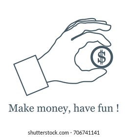 Stylized icon of hand holding a coin. Business and finance theme. Design for banner, poster or print.
