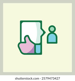 A stylized icon of a hand holding a document next to a stylized person, in green, pink and blue