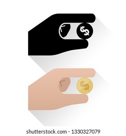 Stylized icon of hand holding a dollar coin, flat design with shadow on white background, Vector Illustration