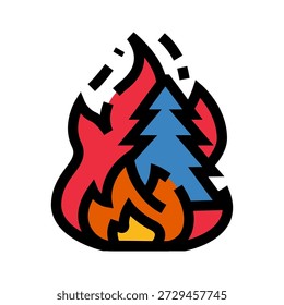 Stylized icon illustrating a wildfire consuming a forest tree, symbolizing environmental disaster, climate change impact, and the urgent need for ecological preservation against devastating flames