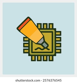 Stylized Icon Illustration of a CPU Being Marked with a Marker on Light Blue Background