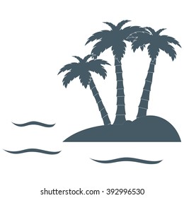 Stylized icon of the island with three palm trees surrounded by the sea with waves on white background