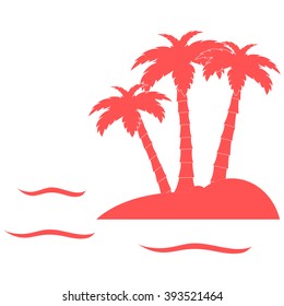 Stylized icon of the island with three palm trees surrounded by the sea with waves on white background